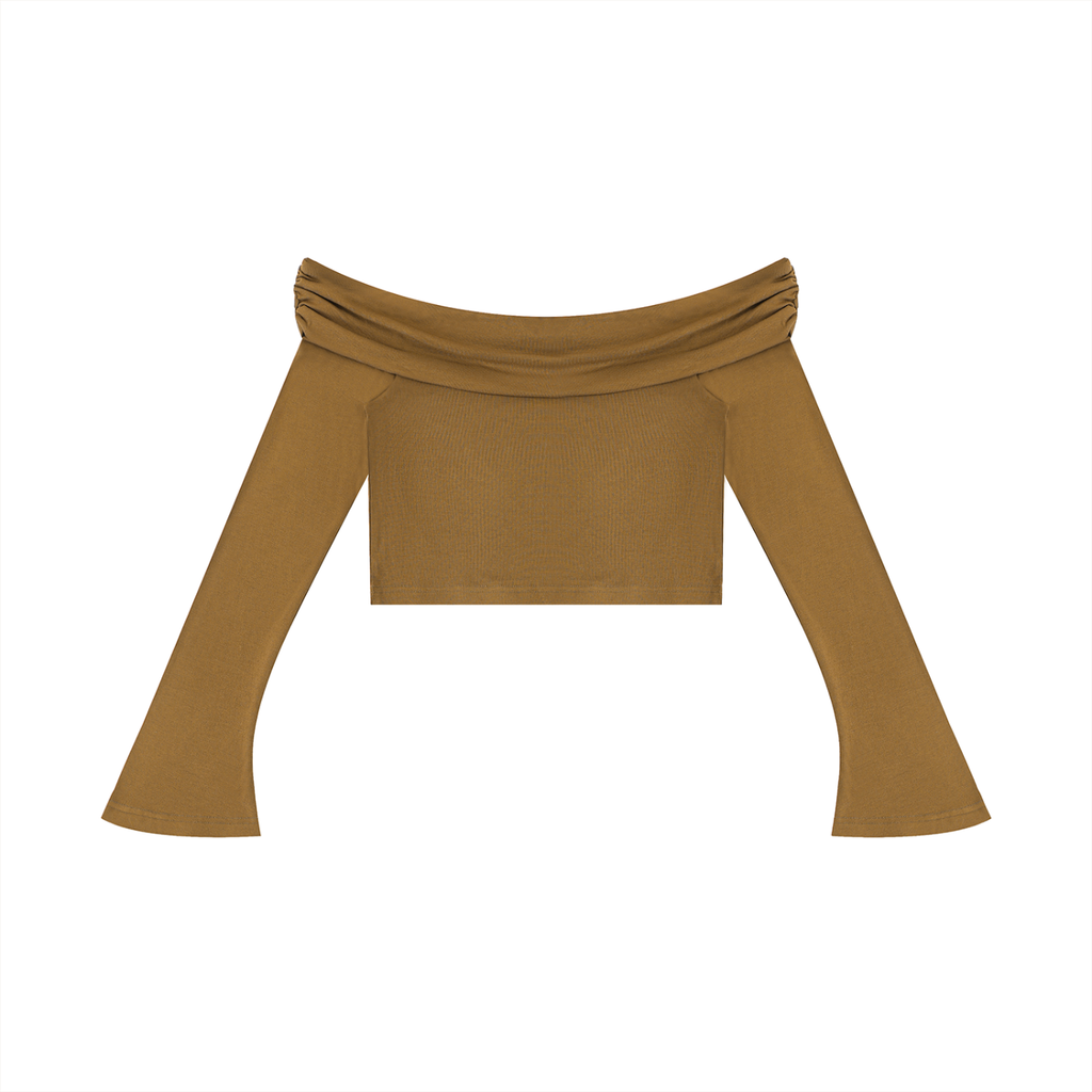 Cyber Heart Off-the-Shoulder Bell Sleeve Crop Top