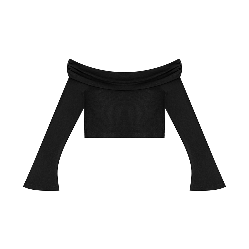 Cyber Heart Off-the-Shoulder Bell Sleeve Crop Top