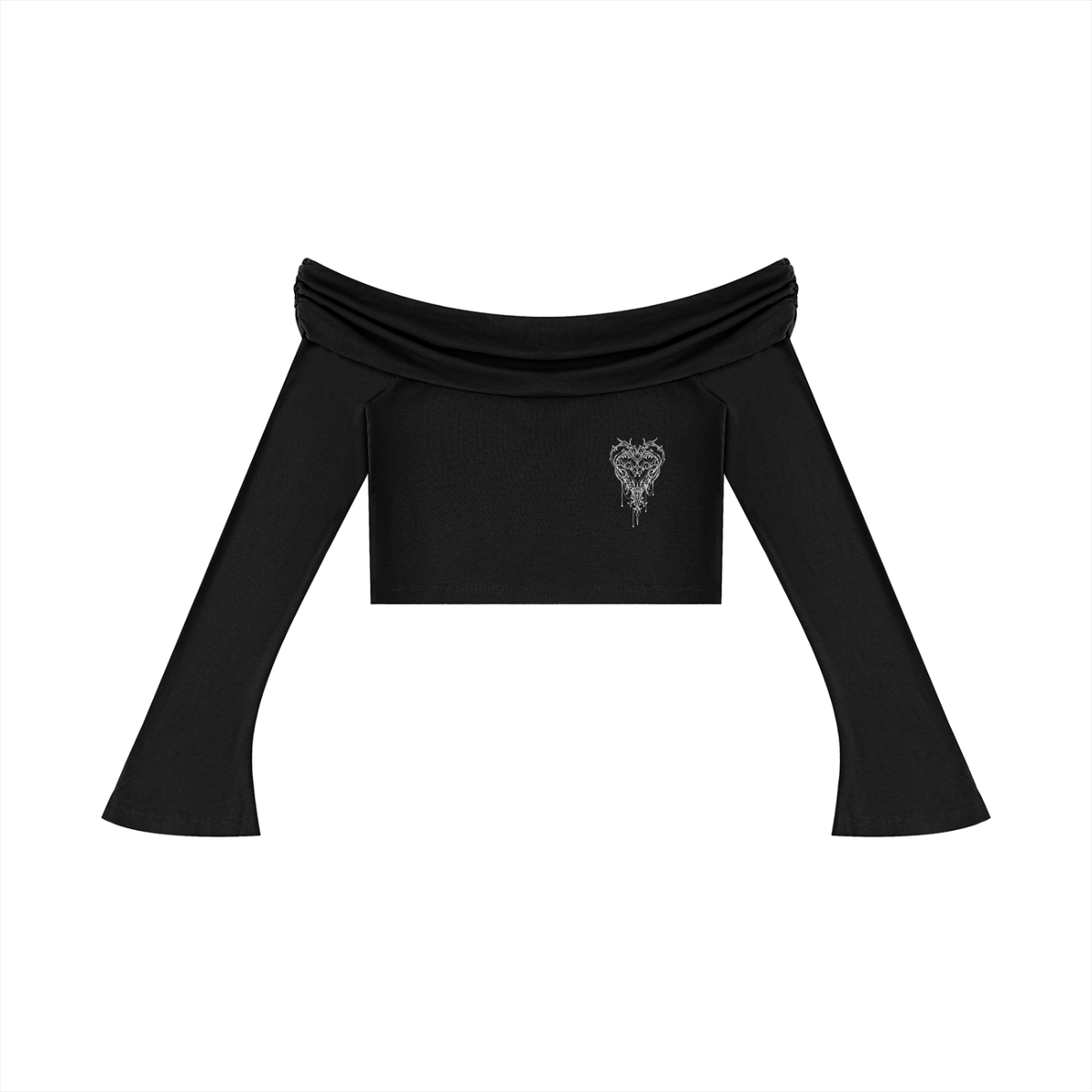 Cyber Heart Off-the-Shoulder Bell Sleeve Crop Top