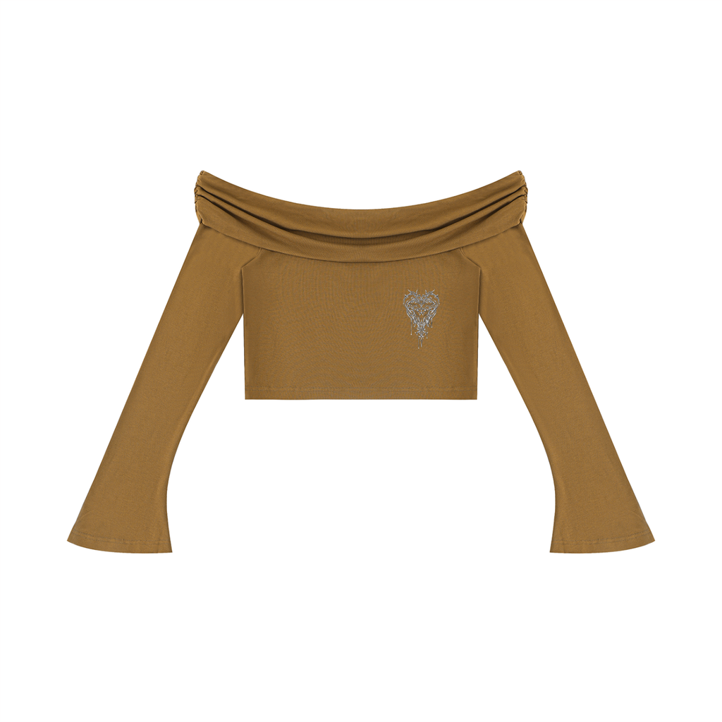 Cyber Heart Off-the-Shoulder Bell Sleeve Crop Top